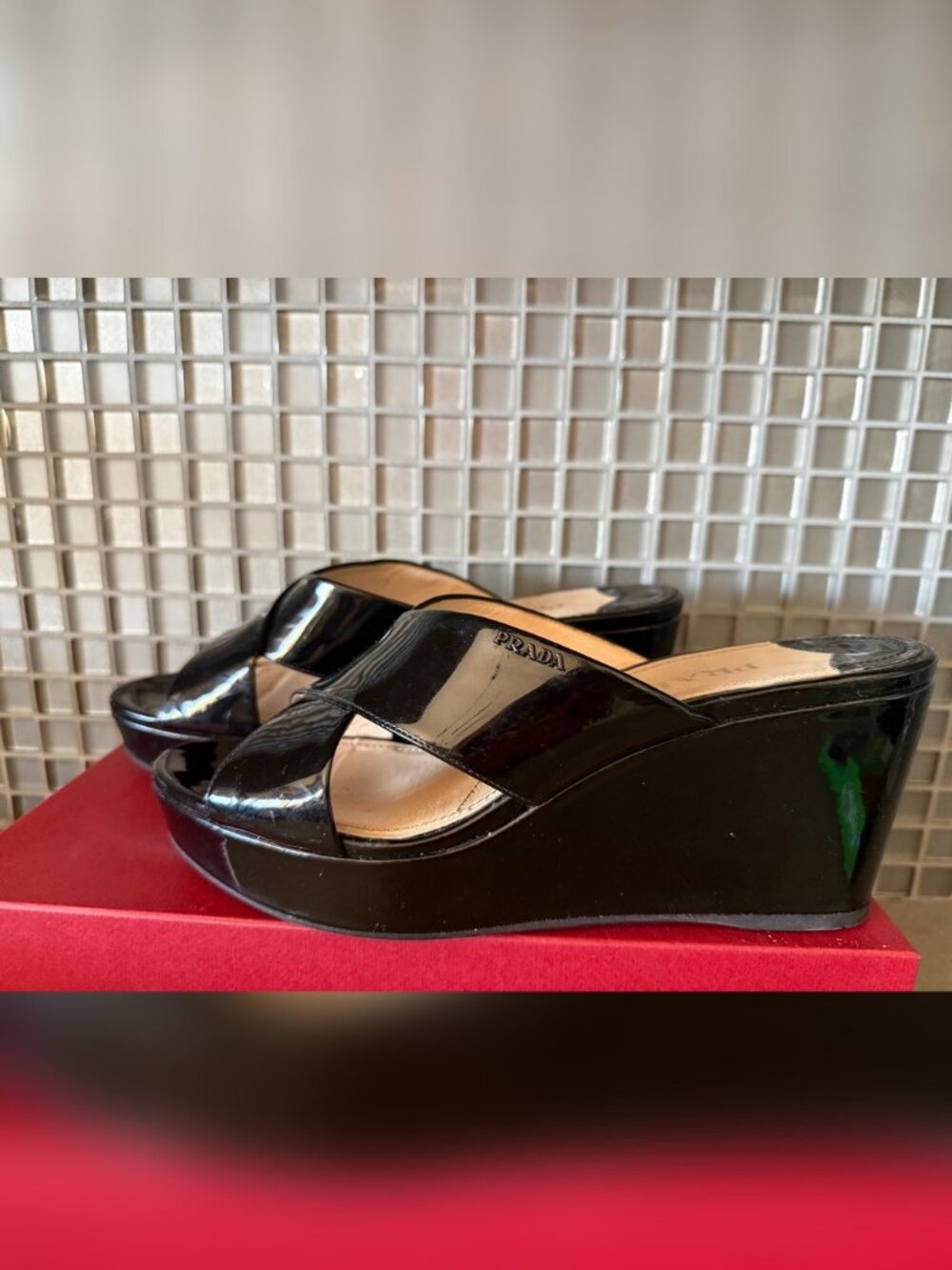 Prada Black Patent Leather Platform Wedge Mules — EU 40.5